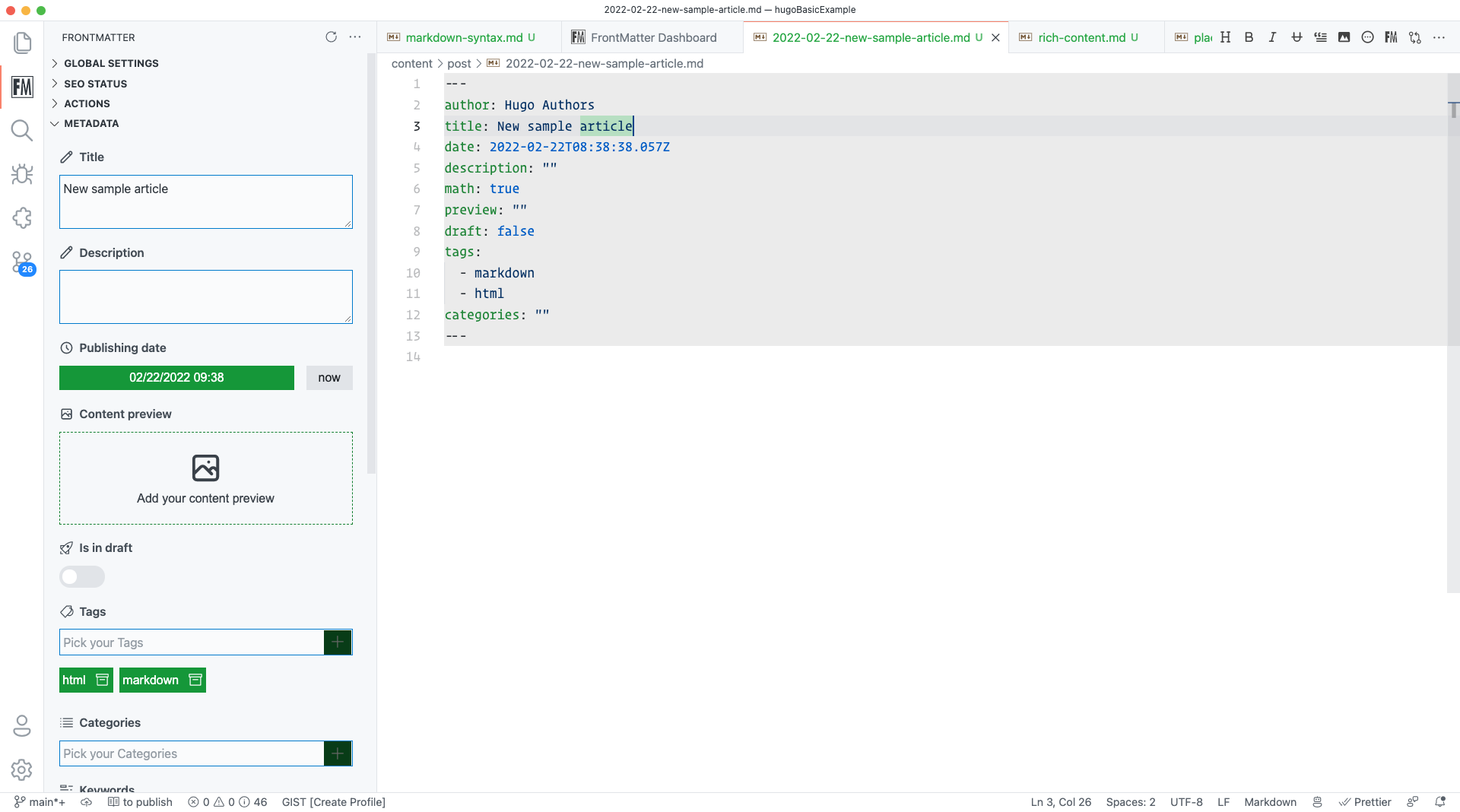 Front Matter panel for content management