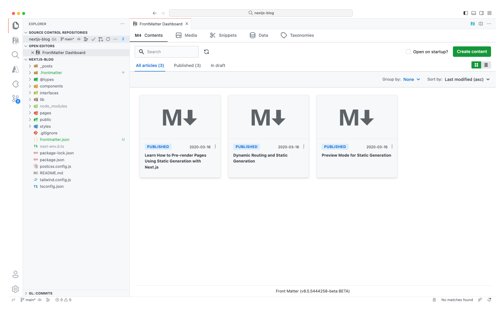 Content dashboard of the Next.js project